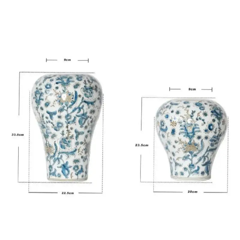 Two white porcelain ceramic vases with blue and gold floral patterns retro chinese style decorbites blue set