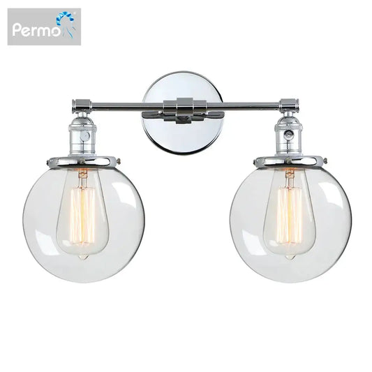 Chrome finished retro double glass ball globe wall light with two spherical filament bulb shades for bedroom decorbites