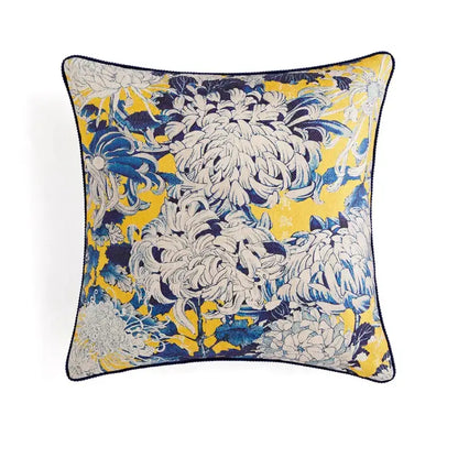Vibrant yellow retro circus pillow cover with navy blue floral pattern cream accents and matching dark trim decorbites circus retro