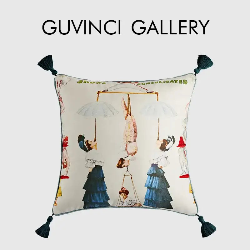 Cream-colored pillow cover with vintage circus retro illustration and dark teal tassels perfect for decorbites circus retro decor