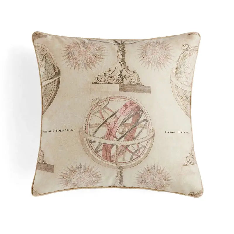 Beige pillow cover with vintage astronomical design and pink gray celestial globe tassels decorbites circus retro throw decor