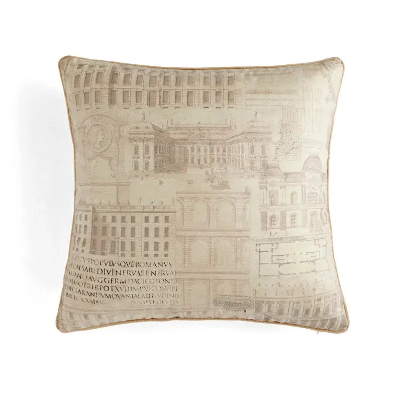 Beige pillow cover with retro circus cream architectural print and tassels for decorbites circus retro throw decor