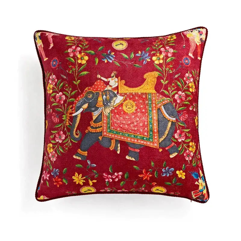A deep red velvet pillow cover with embroidered elephant and floral decorbites circus retro design for living room decor