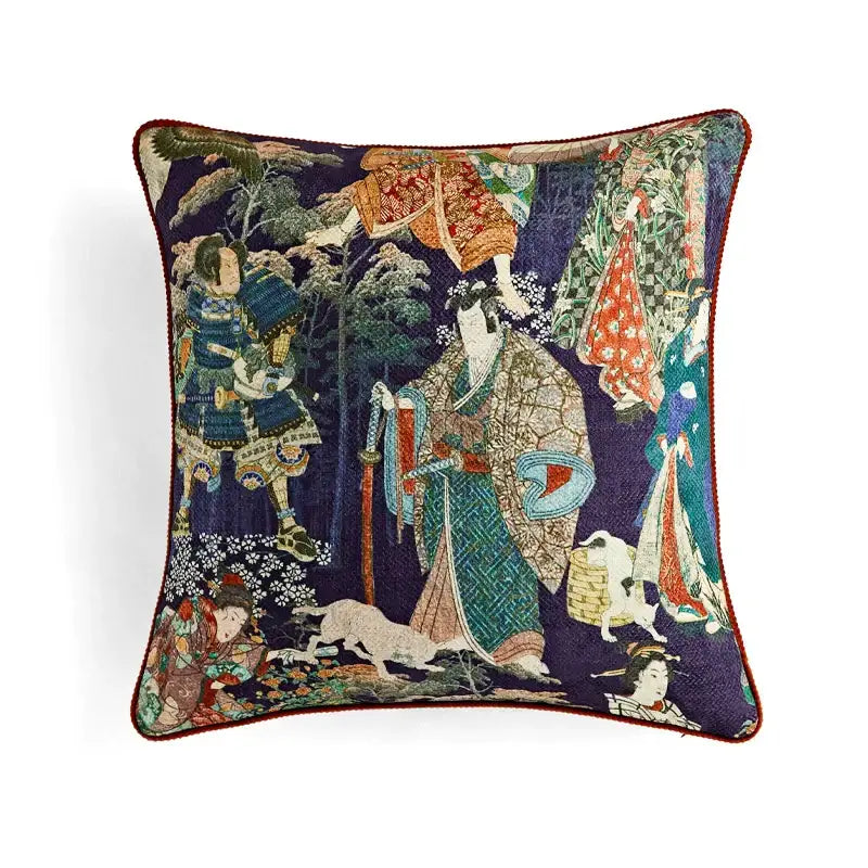 Square pillow cover with intricate tapestry of traditional japanese figures in vibrant robes on navy with red border decorbites circus retro