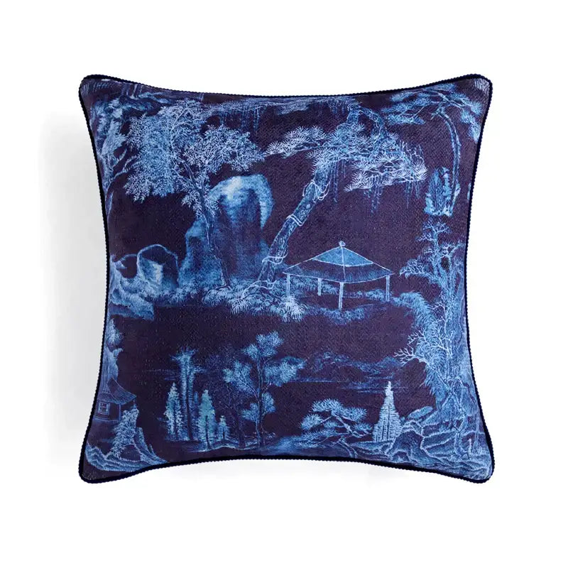 Square pillow cover featuring a blue oriental landscape design with tassels for decorbites circus retro living room decor