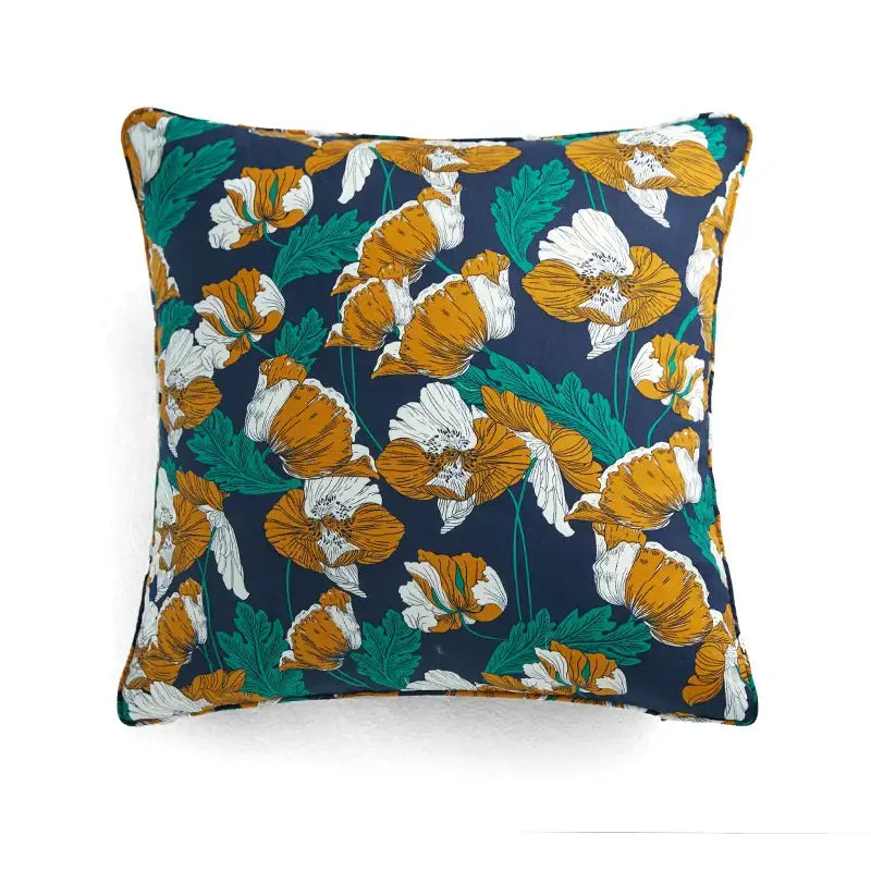 Square pillow cover with vibrant mustard yellow and white poppies on navy blue background for decorbites circus retro decor