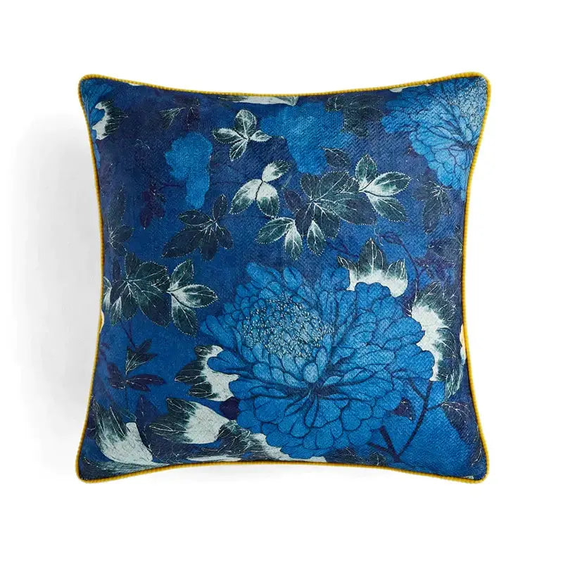 Retro circus cream pillow cover with rich blue floral pattern and mustard-yellow border for decorbites circus retro throw decor