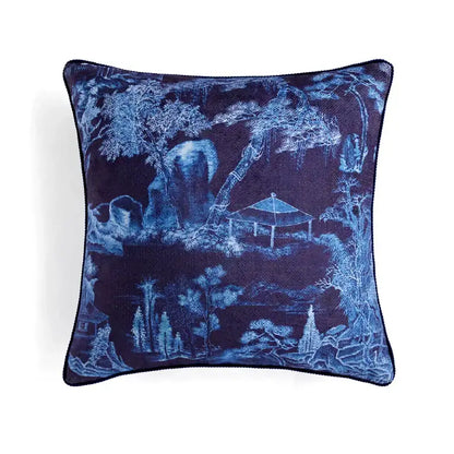 Square pillow cover with blue and navy oriental landscape design featuring pagodas and tassels for decorbites circus retro decor