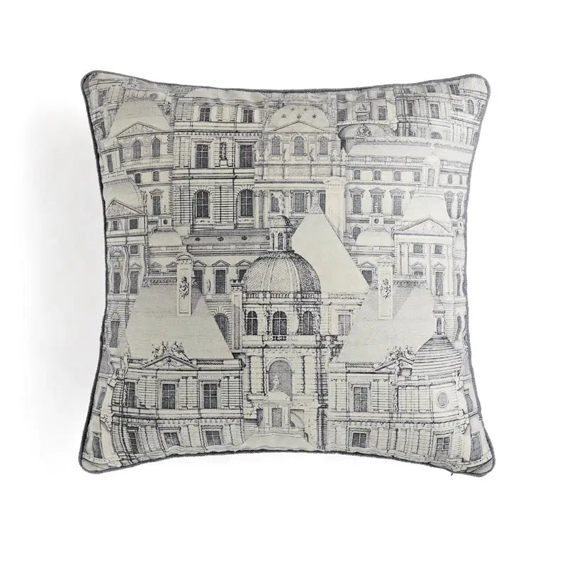 Square pillow cover with black and white european architectural sketch in cream decorbites circus retro design with tassels
