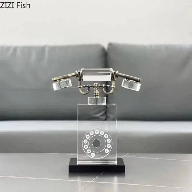 Retro clear crystal telephone sculpture desk decor featuring a clear acrylic vintage rotary telephone with metallic handset and base