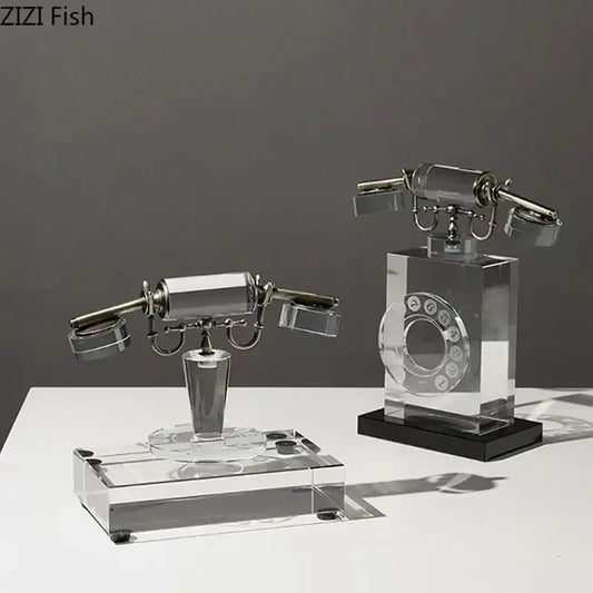 Retro clear crystal telephone sculpture with silver accents and rotary dial design for office desk decor