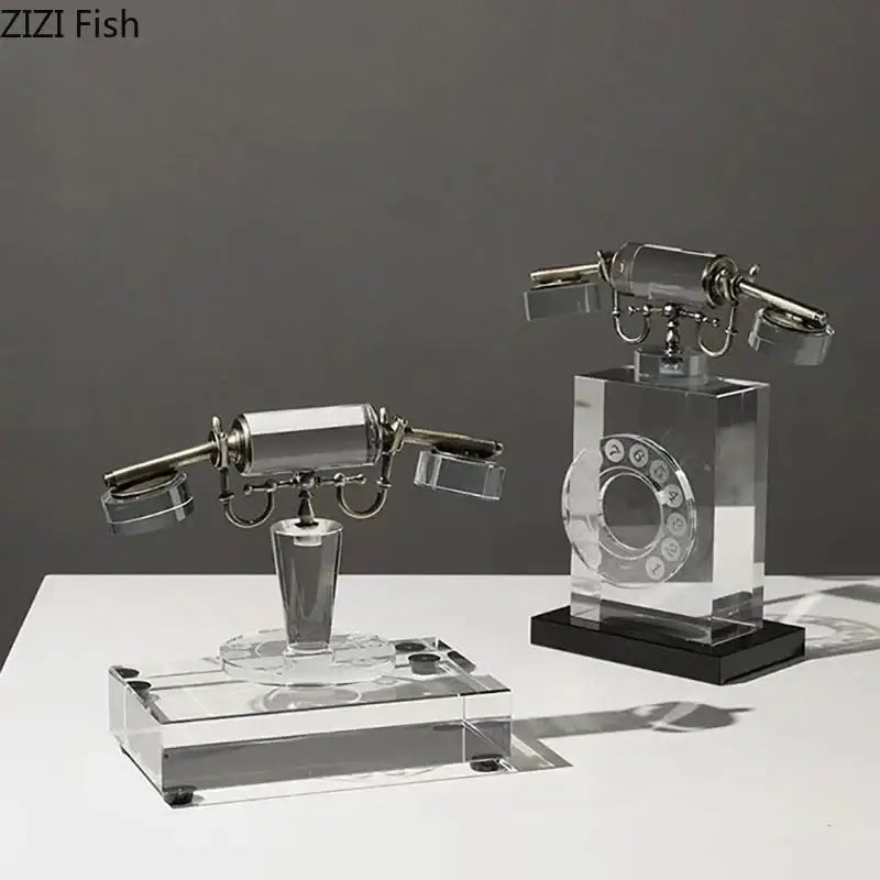 Retro clear crystal telephone sculpture with silver accents and rotary dial design for office desk decor
