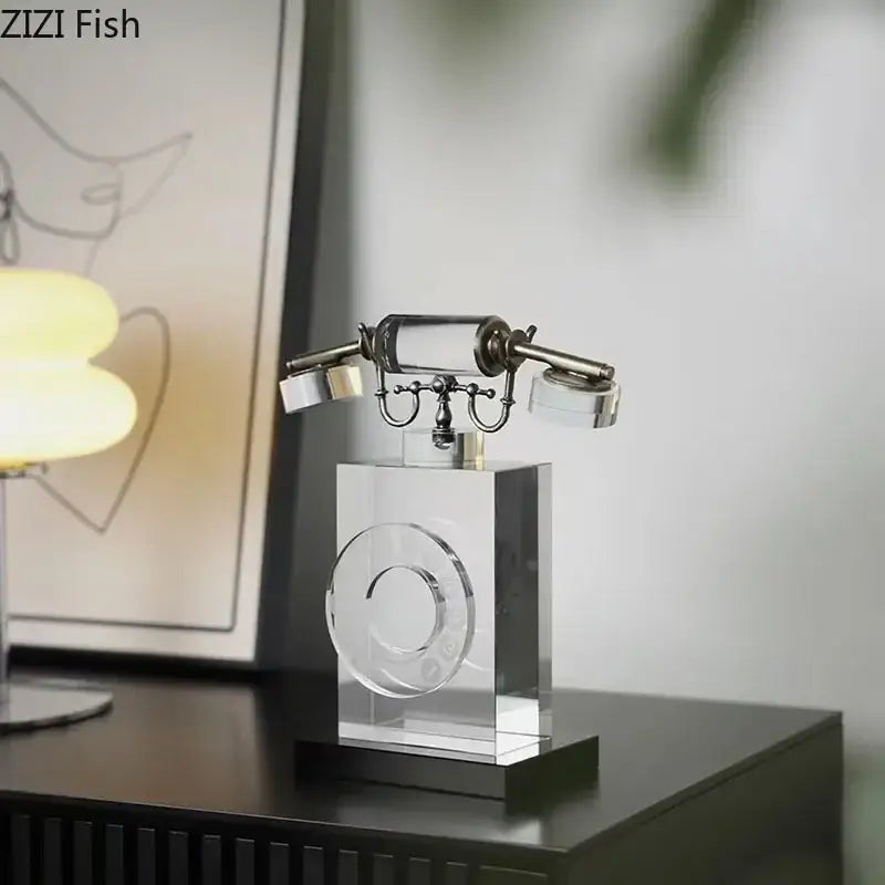 Retro clear crystal telephone sculpture with metallic handset and circular dial for office desk decor