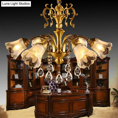 Lámpara colgante retro de cristal transparente con forma de flor - Lámpara colgante de latón de 6 luces con cortina de cristal para sala de estar