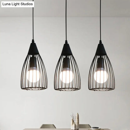 Retro Conic Ceiling Light with Wire Frame - 3 Bulbs, Metallic Finish, Black - Perfect for Dining Room