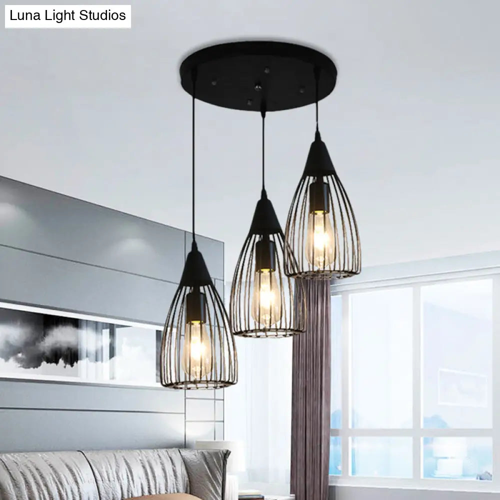 Retro Conic Ceiling Light with Wire Frame - 3 Bulbs, Metallic Finish, Black - Perfect for Dining Room