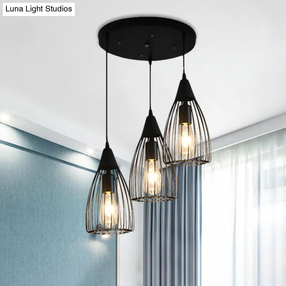 Retro Conic Ceiling Light with Wire Frame - 3 Bulbs, Metallic Finish, Black - Perfect for Dining Room