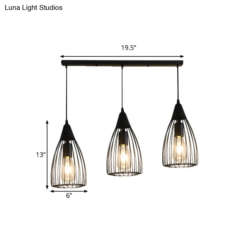 Retro Conic Ceiling Light with Wire Frame - 3 Bulbs, Metallic Finish, Black - Perfect for Dining Room