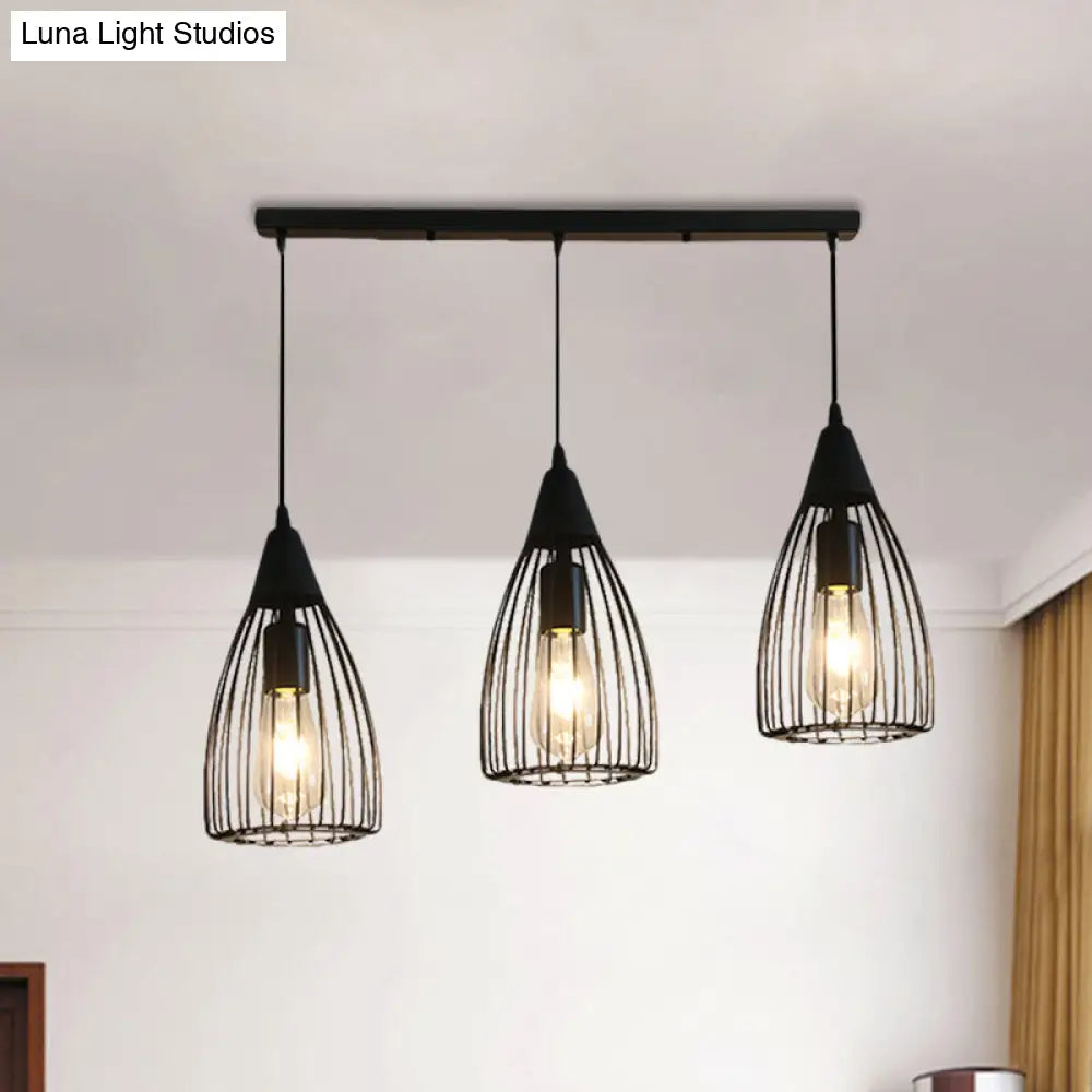 Retro Conic Ceiling Light with Wire Frame - 3 Bulbs, Metallic Finish, Black - Perfect for Dining Room