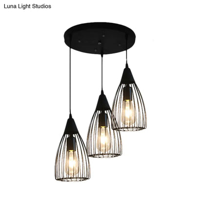 Retro Conic Ceiling Light with Wire Frame - 3 Bulbs, Metallic Finish, Black - Perfect for Dining Room