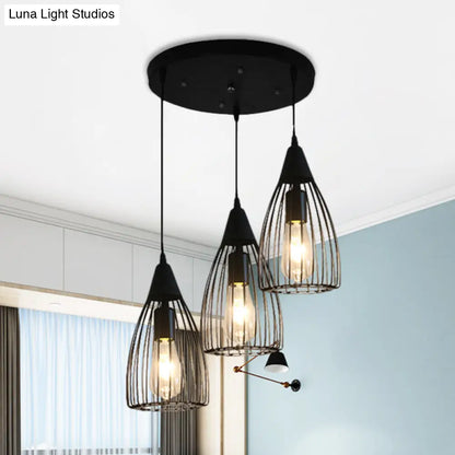 Retro Conic Ceiling Light with Wire Frame - 3 Bulbs, Metallic Finish, Black - Perfect for Dining Room