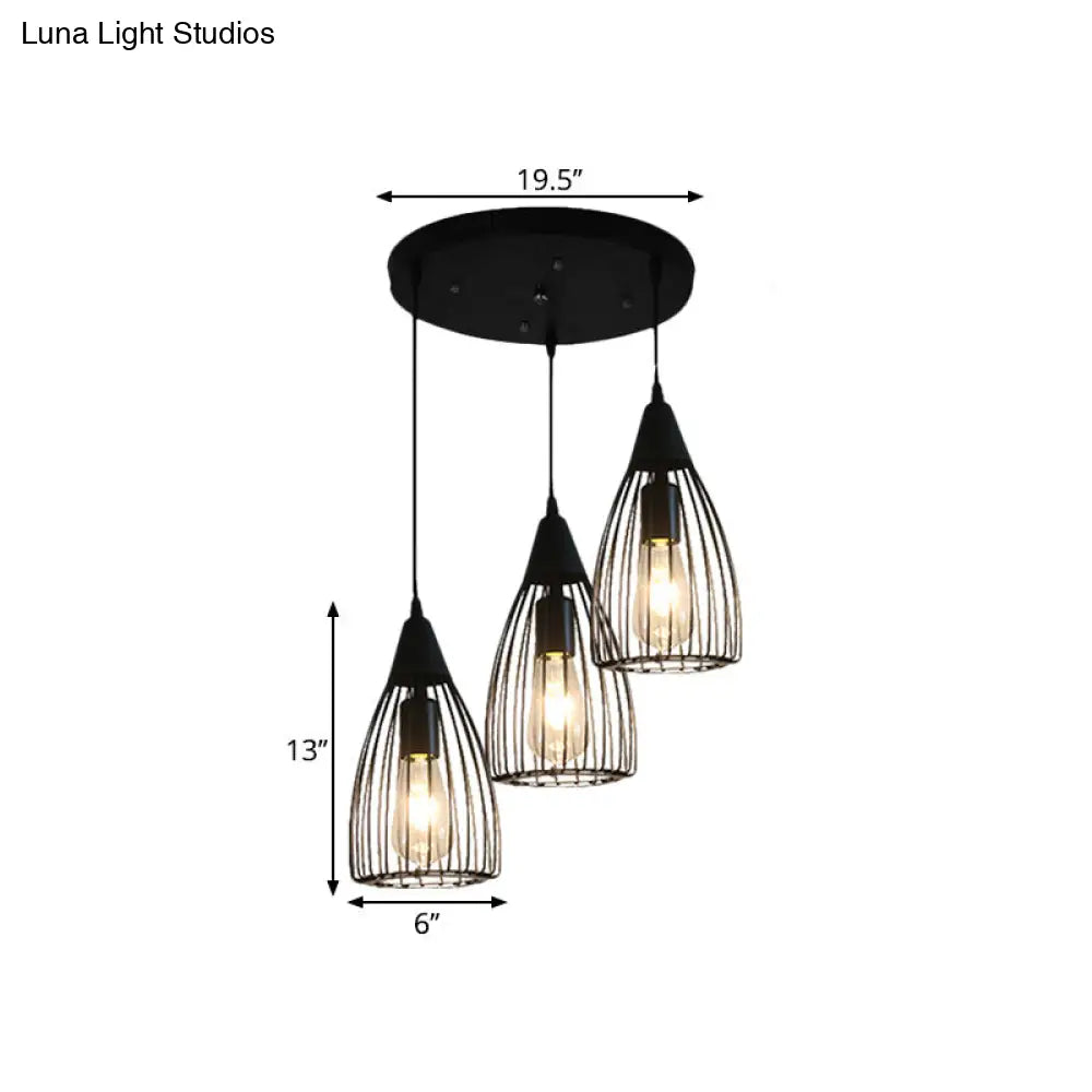 Retro Conic Ceiling Light with Wire Frame - 3 Bulbs, Metallic Finish, Black - Perfect for Dining Room