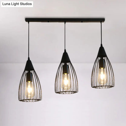 Retro Conic Ceiling Light with Wire Frame - 3 Bulbs, Metallic Finish, Black - Perfect for Dining Room