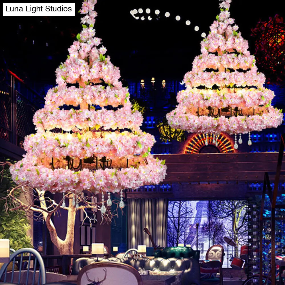 Retro Conical Iron Chandelier with 14 Heads: Restaurant Pendant Light, Artificial Cherry Blossom