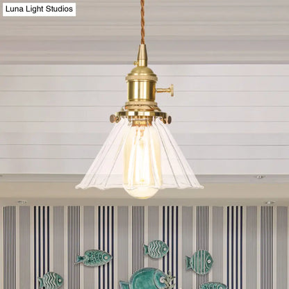 Retro Conical Pendant Light with Clear Ruffle Glass for Foyer - 1 Light