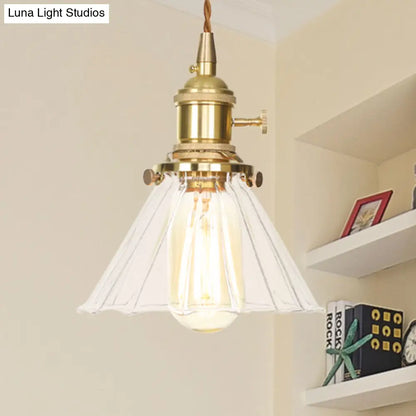 Retro Conical Pendant Light with Clear Ruffle Glass for Foyer - 1 Light