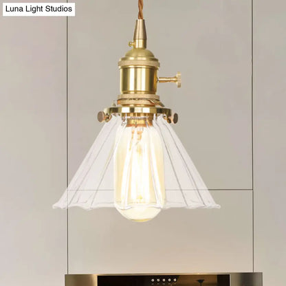 Retro Conical Pendant Light with Clear Ruffle Glass for Foyer - 1 Light