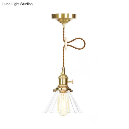 Retro Conical Pendant Light with Clear Ruffle Glass for Foyer - 1 Light