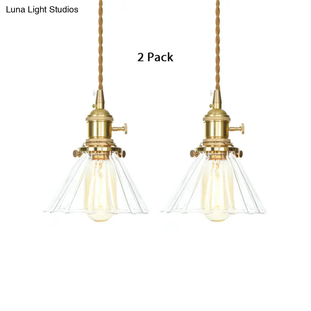 Retro Conical Pendant Light with Clear Ruffle Glass for Foyer - 1 Light