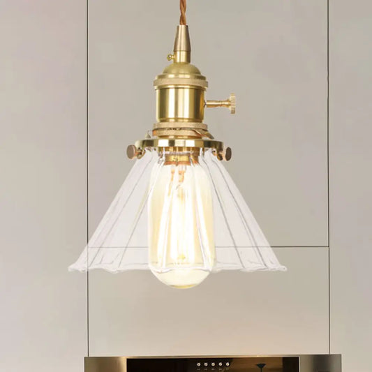 Retro Conical Pendant Light with Clear Ruffle Glass for Foyer - 1 Light