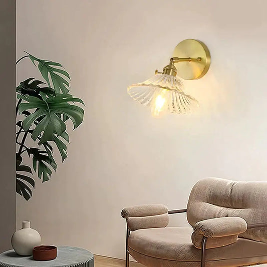 Retro copper flower brass wall sconce with clear fluted glass shade for bedroom lighting fixture