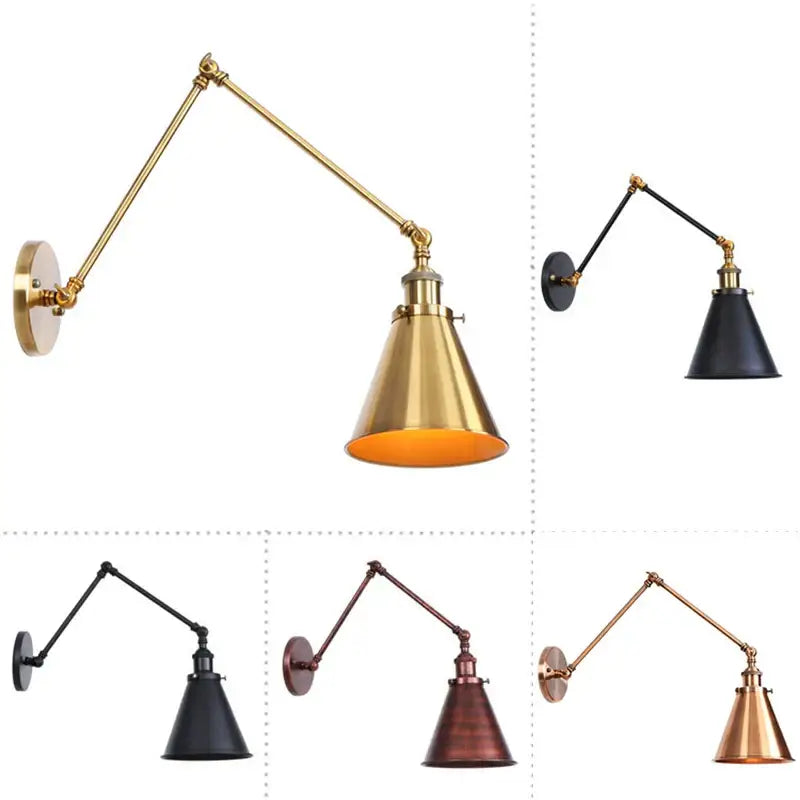 Adjustable brass and black industrial-style wall lamp decorbites iron loft retro with conical shade for bedroom decor