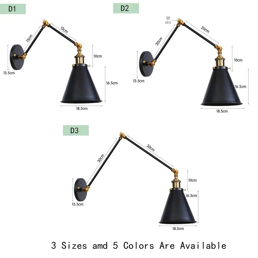 Black matte finished adjustable arm wall lamp with brass accents and conical shades for decorbites iron loft retro decor