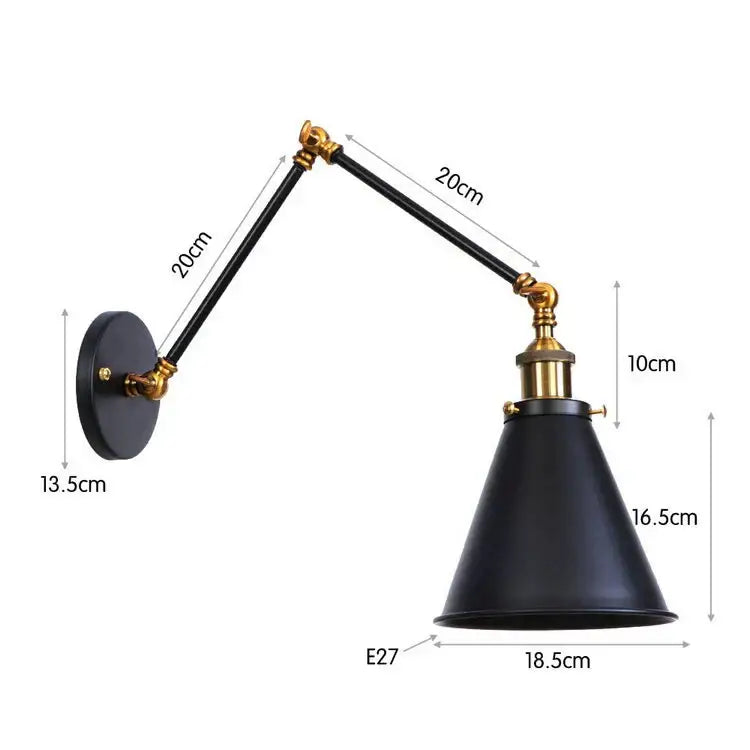 Black matte wall lamp with brass accents and adjustable arms in decorbites iron loft retro style industrial sconce