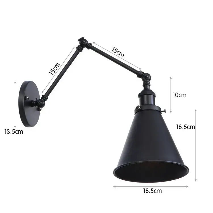 Black industrial-style wall lamp with adjustable arm and conical shade decorbites iron loft retro bedroom sconce