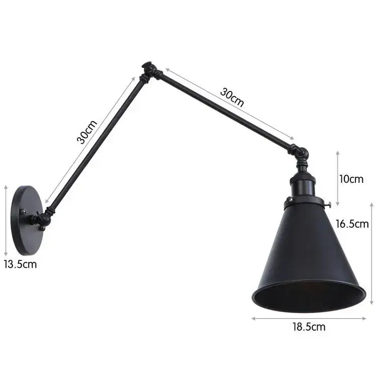 Black matte-finished iron loft retro wall lamp with articulated arms and conical shade from decorbites iron loft collection