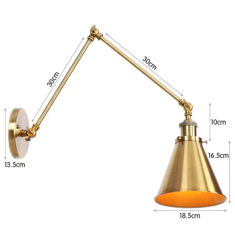 Brass-finished adjustable wall lamp with conical shade and articulated arm for decorbites iron loft retro bedroom sconce
