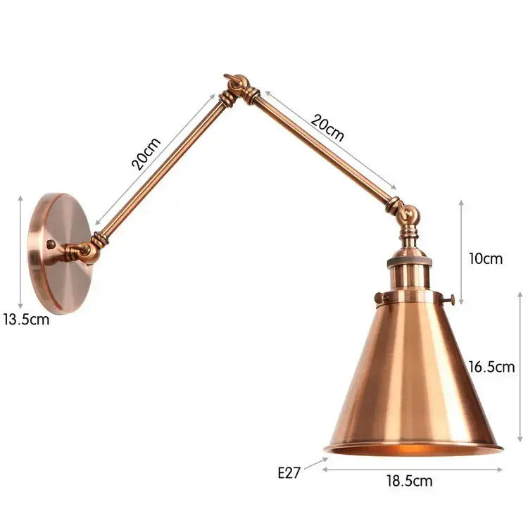 Brass-finished adjustable wall lamp with conical shade and articulated arms for decorbites iron loft retro style decor