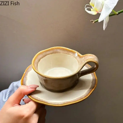 Earthy-toned retro crackled blue decorbites kiln porcelain cup and saucer with rustic handcrafted finish for dining room use