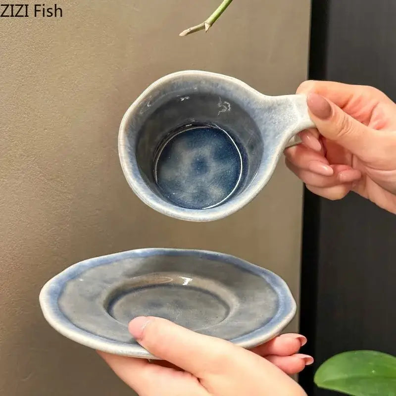 A delicate retro crackled blue decorbites kiln porcelain cup and matching saucer for elegant dining room use