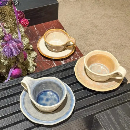 Handcrafted decorbites kiln porcelain cup and saucer set in earthy beige and retro crackled blue glaze with subtle swirls