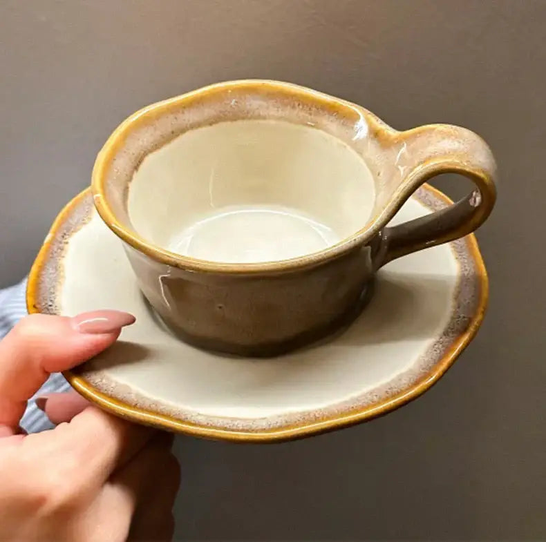 Earthy-toned retro crackled blue kiln porcelain cup and saucer with rustic handcrafted finish from decorbites kiln porcelain collection