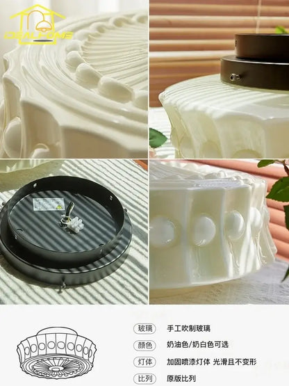 Cream-colored hand-blown glass ceiling light with scalloped design and glossy finish decorbites cream glass led fixture