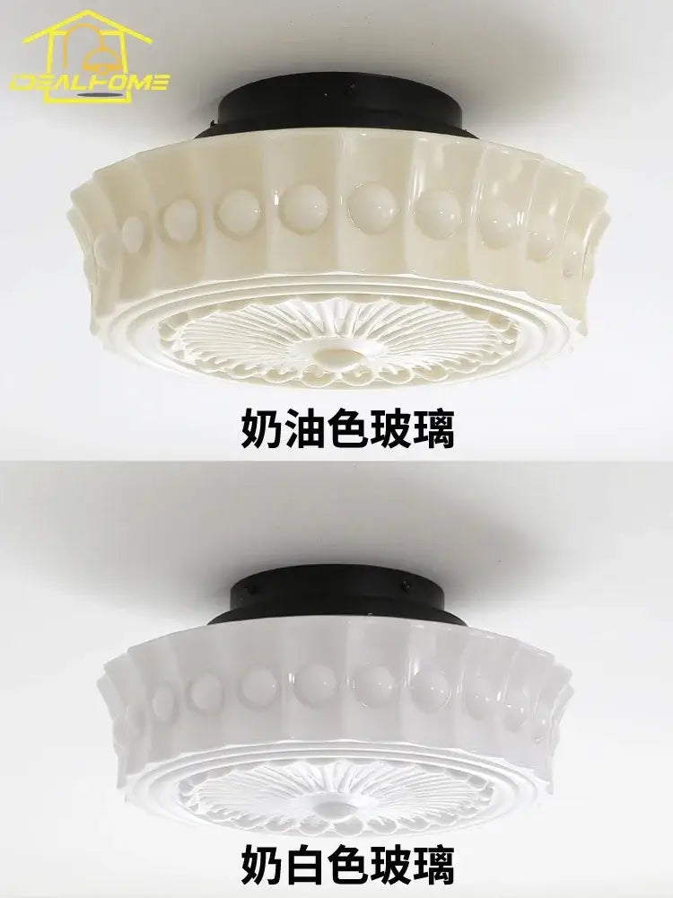 Retro cream glass led ceiling light with fluted embossed design and black mounting base for bedroom decorbites cream glass