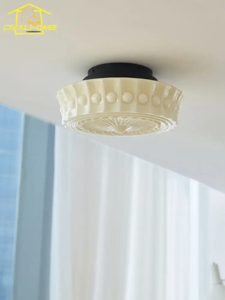 Cream glass led ceiling light with ornate embossed patterns and black mounting base for bedroom decorbites cream glass style