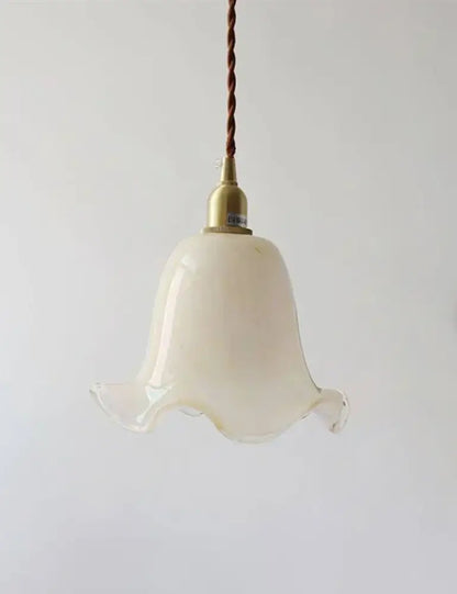 Retro cream glass led pendant lamp with brass finish and twisted brown cord ideal as a kitchen pendant lamp